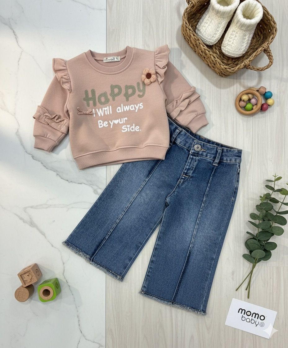 Ensemble enfant – Sweat “Happy” + pantalon jean frangé 🌿😊