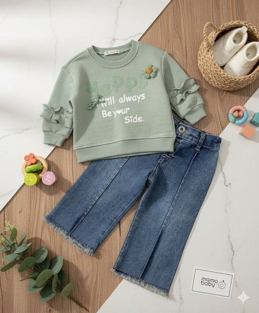 Ensemble enfant – Sweat “Happy” + pantalon jean frangé 🌿😊