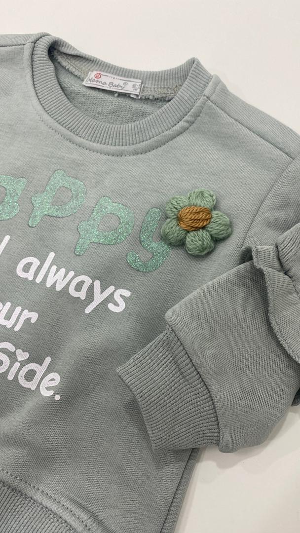 Ensemble enfant – Sweat “Happy” + pantalon jean frangé 🌿😊