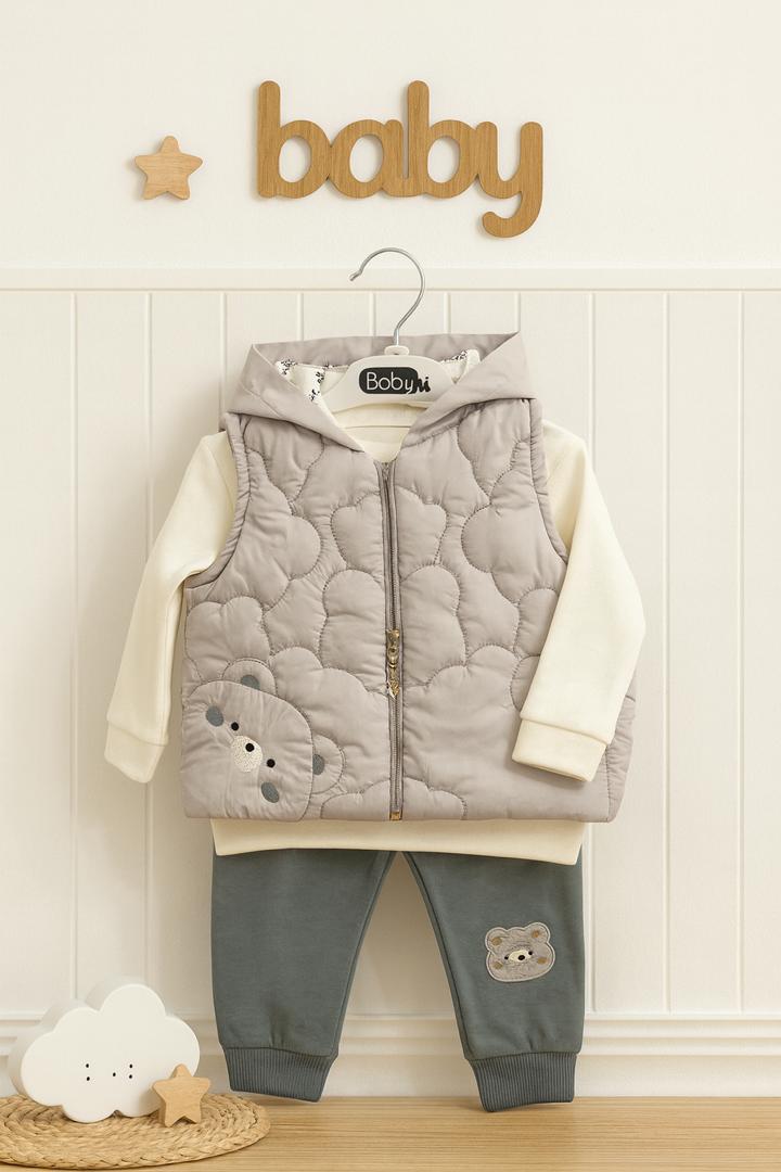 Ensemble bébé 3 pièces – Gilet matelassé à capuche, sweat manches longues et pantalon assorti 🐻💛