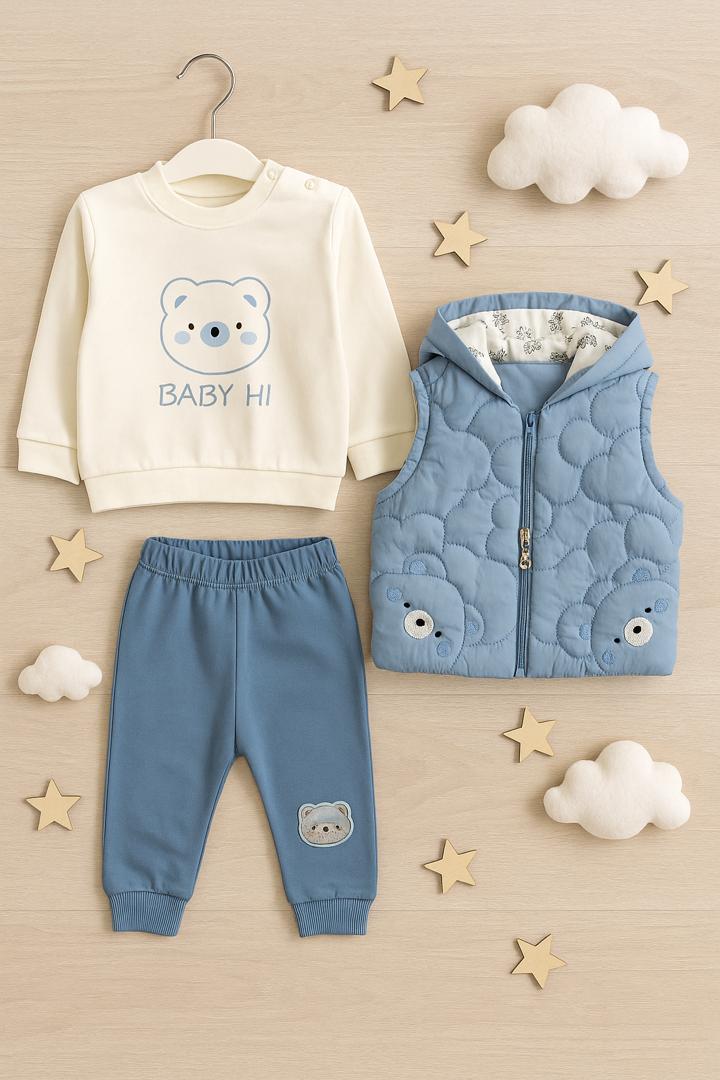 Ensemble bébé 3 pièces – Gilet matelassé à capuche, sweat manches longues et pantalon assorti 🐻💛