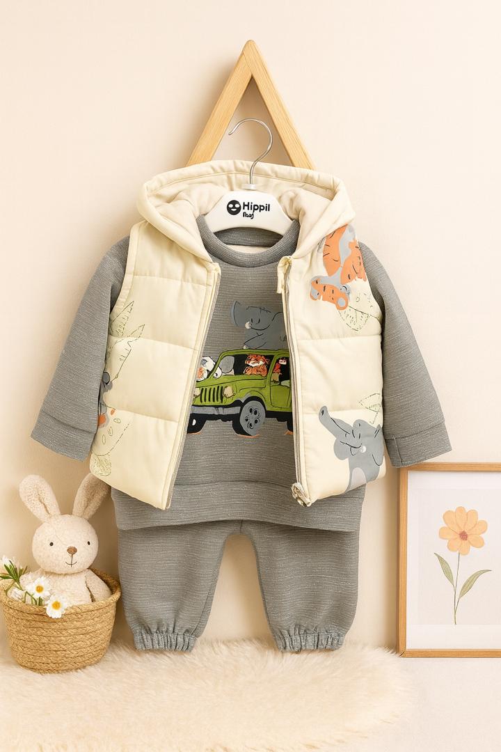 Ensemble bébé 3 pièces – Gilet matelassé à capuche, sweat safari et pantalon assorti 🐘🚙