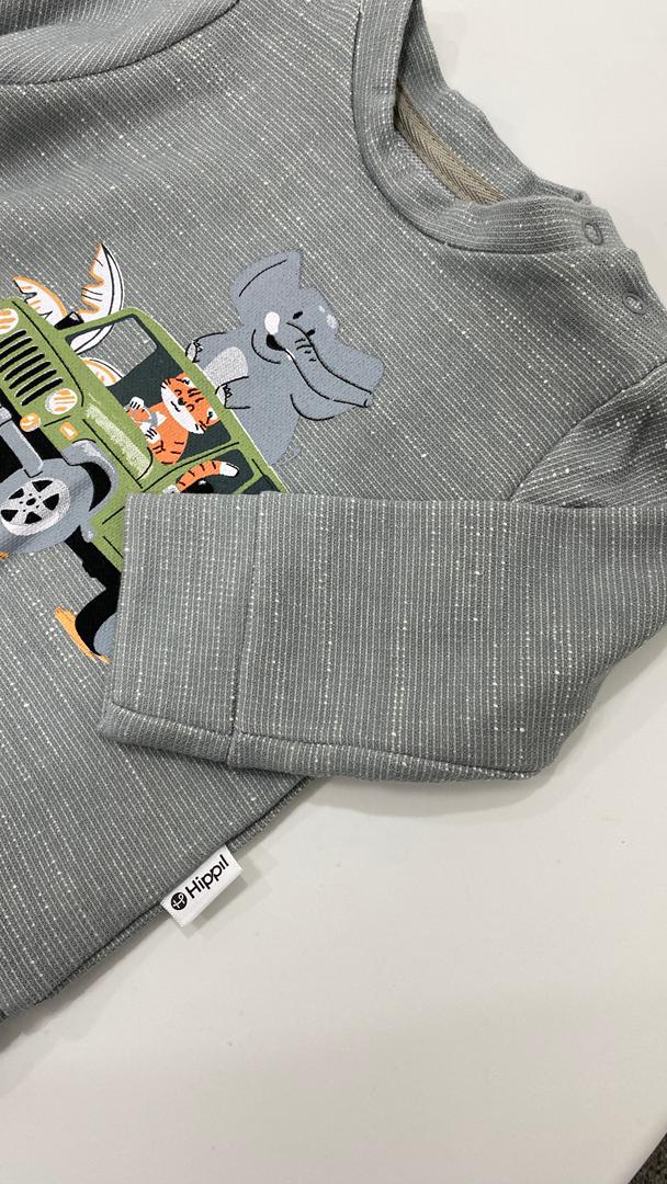 Ensemble bébé 3 pièces – Gilet matelassé à capuche, sweat safari et pantalon assorti 🐘🚙