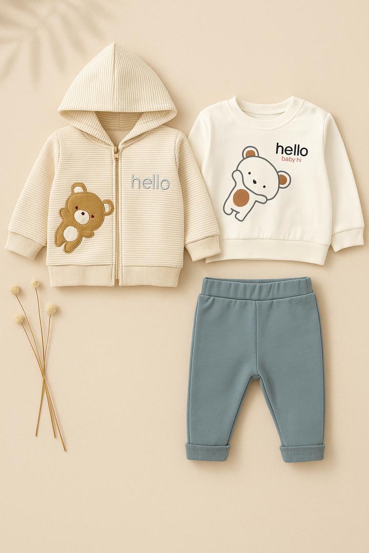 Ensemble bébé 3 pièces – Sweat-shirt à capuche “Hello” motif ourson + t-shirt et pantalon assorti 🐻💛