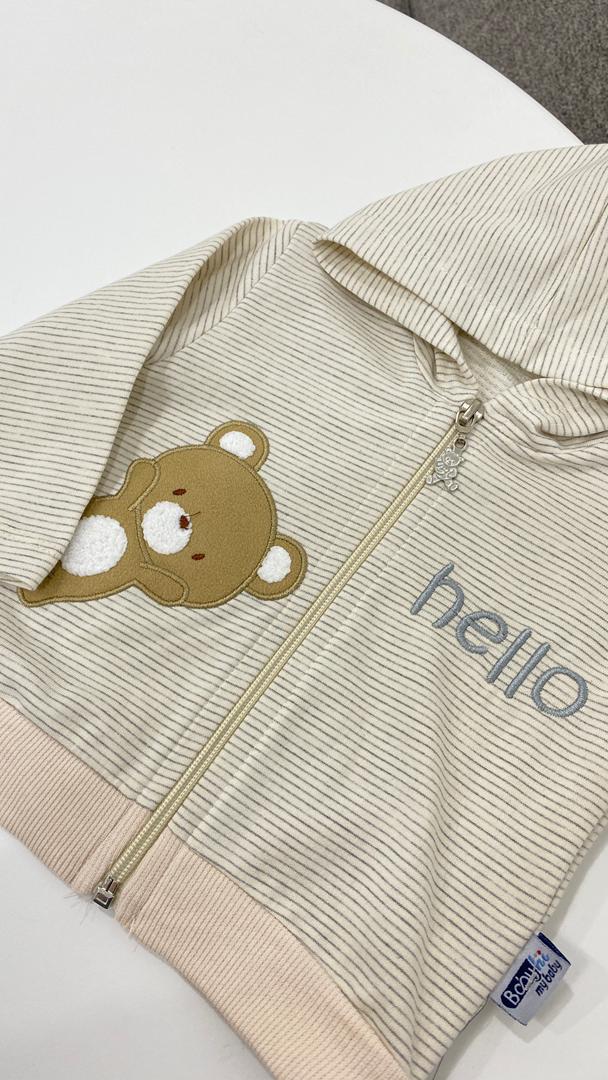 Ensemble bébé 3 pièces – Sweat-shirt à capuche “Hello” motif ourson + t-shirt et pantalon assorti 🐻💛