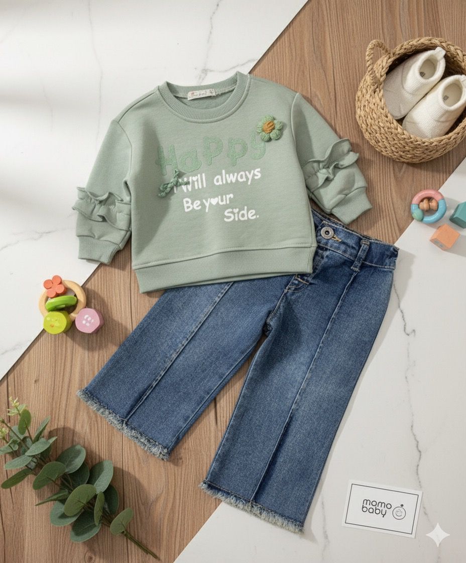 Ensemble enfant – Sweat “Happy” + pantalon jean frangé 🌿😊