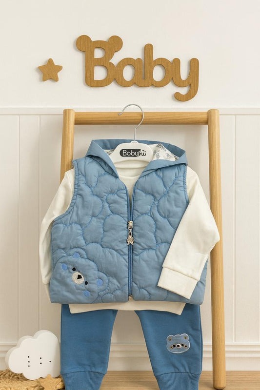 Ensemble bébé 3 pièces – Gilet matelassé à capuche, sweat manches longues et pantalon assorti 🐻💛