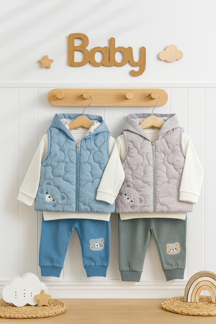 Ensemble bébé 3 pièces – Gilet matelassé à capuche, sweat manches longues et pantalon assorti 🐻💛