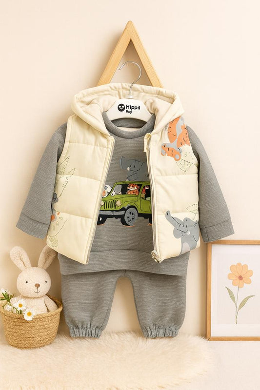 Ensemble bébé 3 pièces – Gilet matelassé à capuche, sweat safari et pantalon assorti 🐘🚙