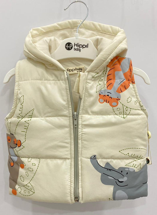 Ensemble bébé 3 pièces – Gilet matelassé à capuche, sweat safari et pantalon assorti 🐘🚙