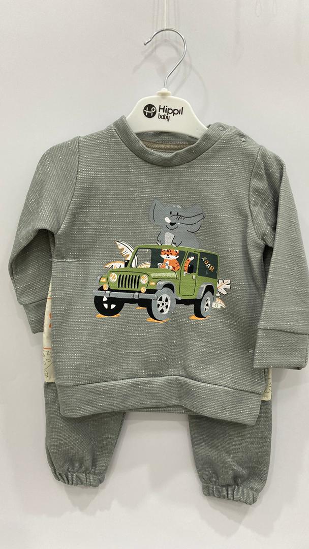 Ensemble bébé 3 pièces – Gilet matelassé à capuche, sweat safari et pantalon assorti 🐘🚙