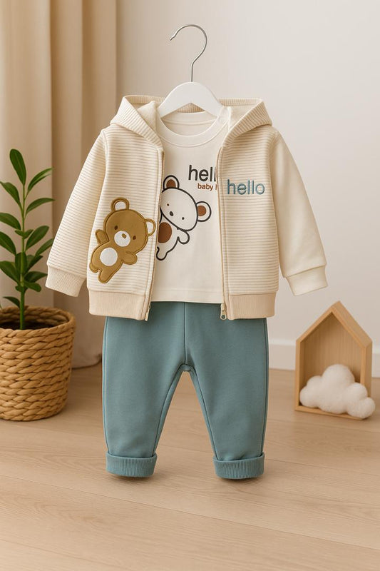 Ensemble bébé 3 pièces – Sweat-shirt à capuche “Hello” motif ourson + t-shirt et pantalon assorti 🐻💛