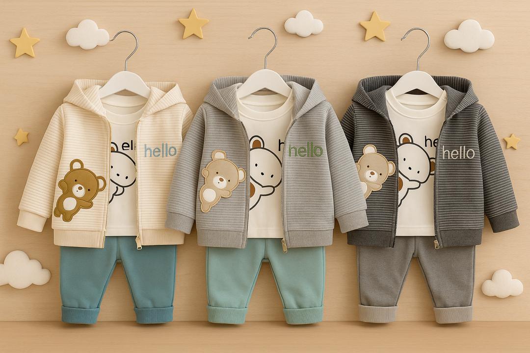 Ensemble bébé 3 pièces – Sweat-shirt à capuche “Hello” motif ourson + t-shirt et pantalon assorti 🐻💛