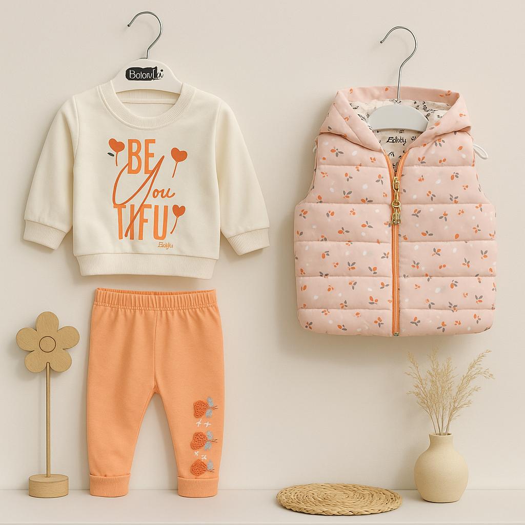 Ensemble bébé 3 pièces – Gilet matelassé fleuri avec capuche + sweat et pantalon assorti 🌸💛