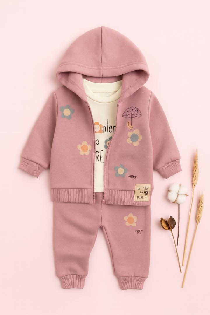 Ensemble bébé 3 pièces – Sweat-shirt à capuche fleuri + t-shirt imprimé et pantalon assorti 🌸🌈