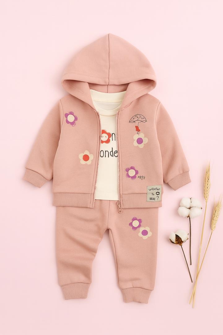 Ensemble bébé 3 pièces – Sweat-shirt à capuche fleuri + t-shirt imprimé et pantalon assorti 🌸🌈