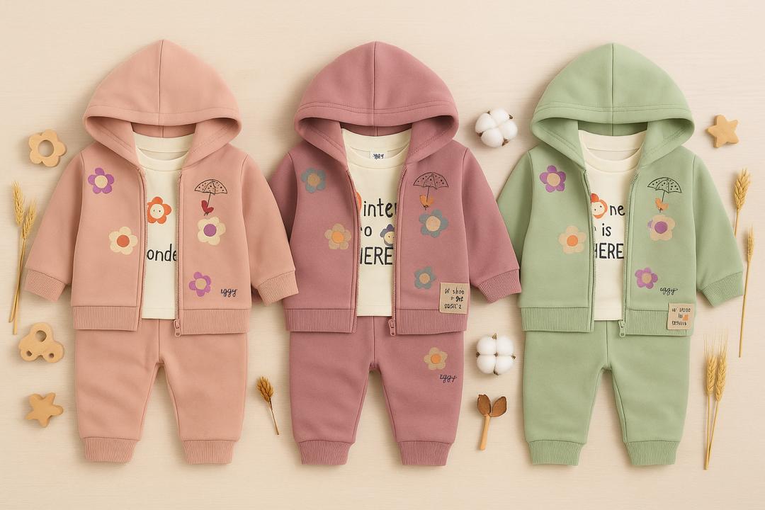 Ensemble bébé 3 pièces – Sweat-shirt à capuche fleuri + t-shirt imprimé et pantalon assorti 🌸🌈
