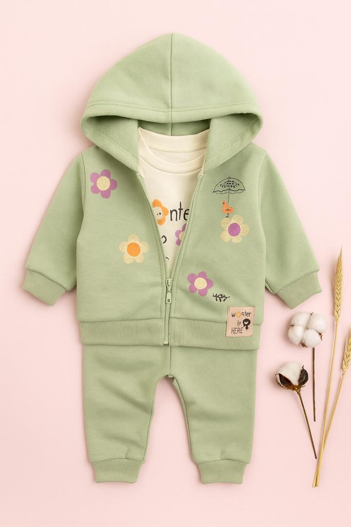 Ensemble bébé 3 pièces – Sweat-shirt à capuche fleuri + t-shirt imprimé et pantalon assorti 🌸🌈
